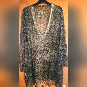 Leopard Print Sheer Tunic with Embellished Neckline